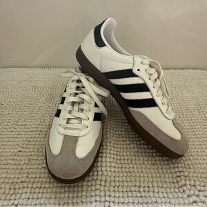 Adidas Men's White and Black Sneakers with Brown Sole